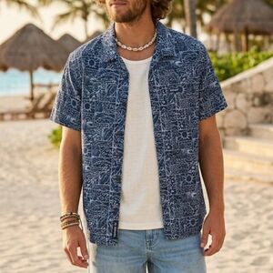 Costa Del Mar XXL Men's Blue & Taupe Pattern Short Sleeve Camp Shirt